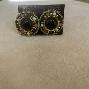 Finishing Touch Vintage Clip On Earrings Gold Tone Black Cabochon Earth Tones